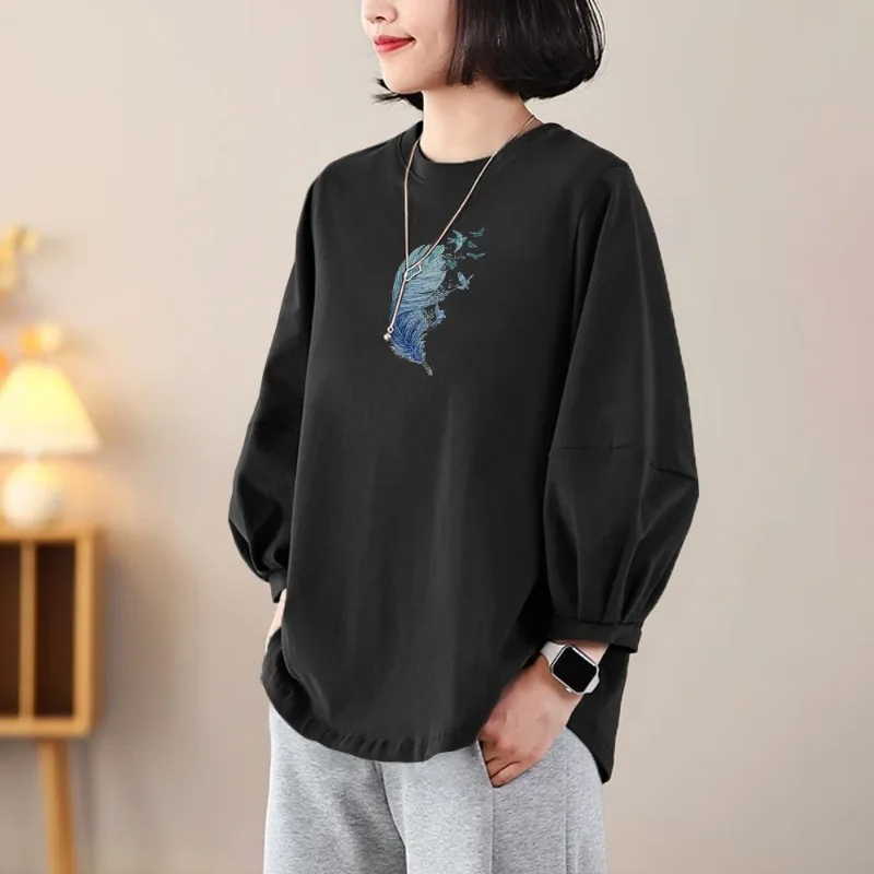 Modna koszulka damska z czystej bawełny z rękawami typu lampion, uniwersalna, luźna bluzka na jesień, nowy nadruk, styl zachodni.