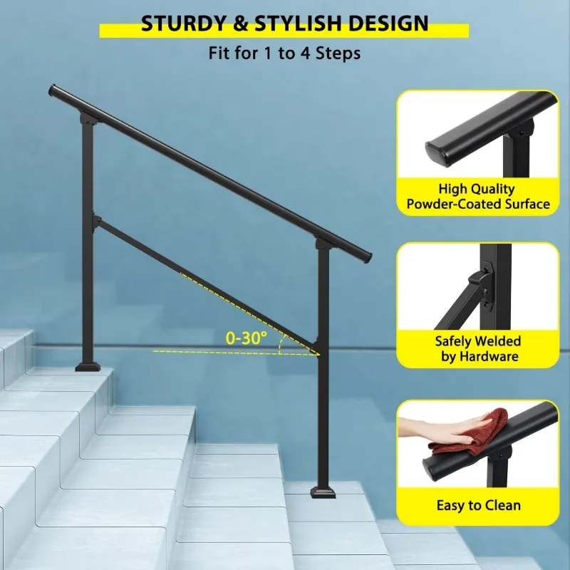 Handrails for Outdoor Steps, 4 Step HandRail Fit 3 or 4 Steps Outdoor Stair Railing, Metal Porch Railing