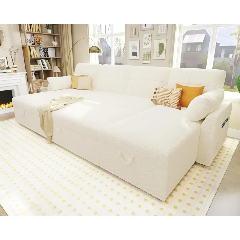 

110 Inch Sleeper Sofa, Oversized Pull Out Couch with Double Storage Chaise，U Shape Couches for Living Room-Offwhite Boucle