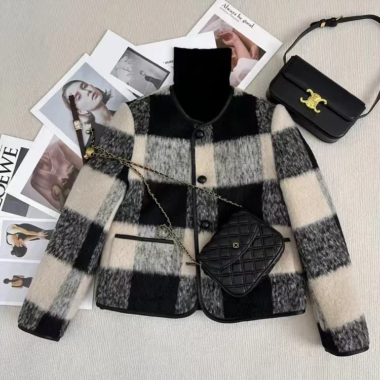 Thicken Small Fragrant Style Jacket for Women New Plaid Woolen Short Coat Autumn Winter Lady Single Breasted Young Neck Jackets