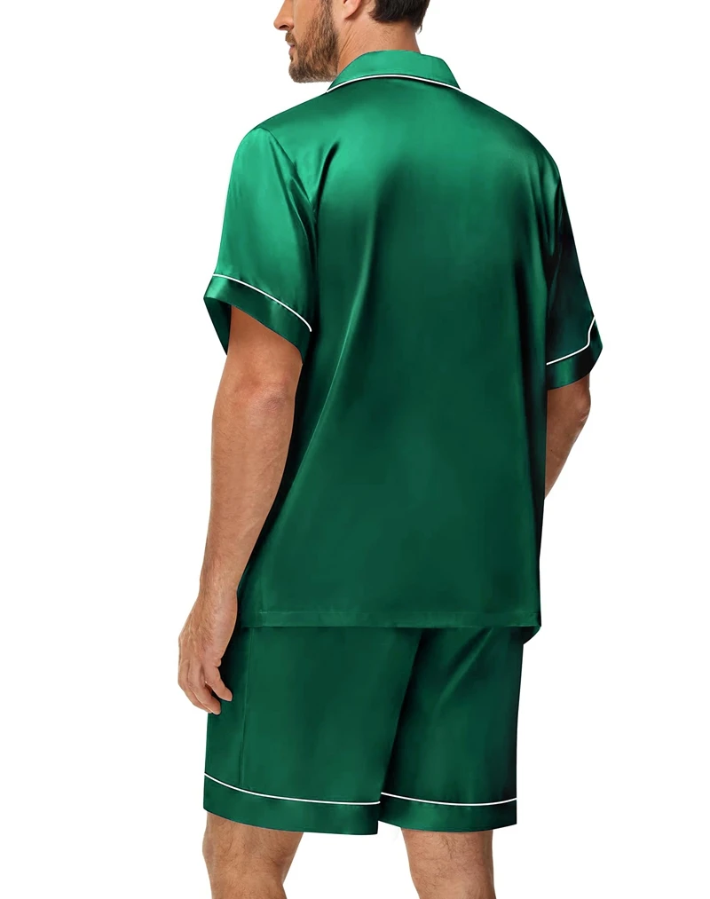 2-teiliges Pyjama-Set aus seidigem Satin für Herren, kurzärmeliges Hemd mit Revers, Brusttasche und Shorts, glatte Haptik, weiche Nachtwäsche, gemütliche Nachthemden – Detail 5