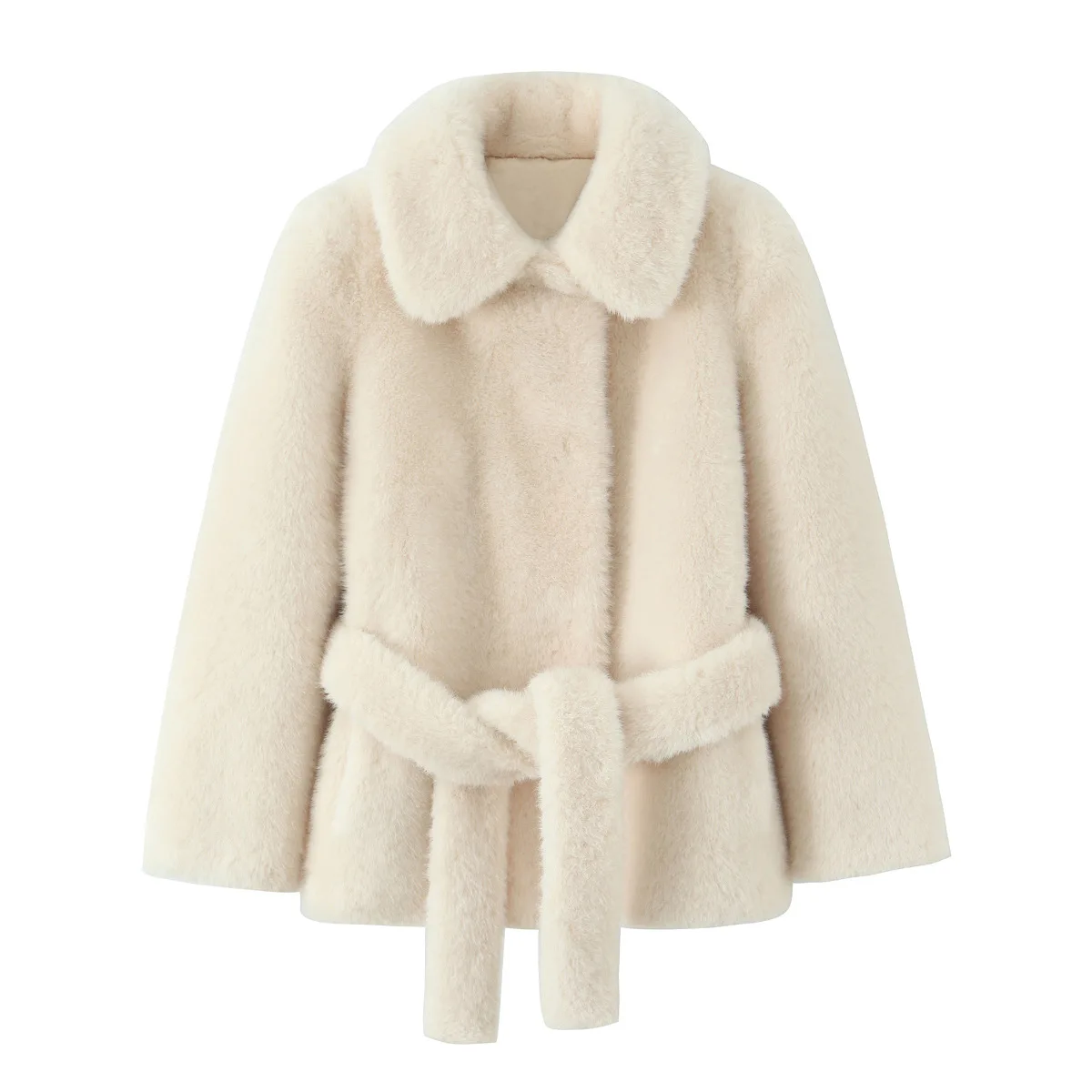 Dames herfst winter elegante nepbont riem jas revers beige warm bont korte jas 2025, mode high street casual vrouwelijke jas
