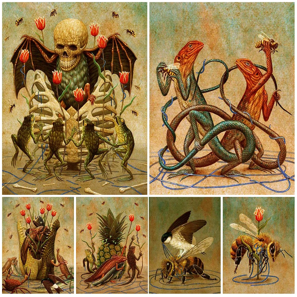 

Skeletons,Bats,Magic Frogs And Lizards Witchcraft Element Art Poster Prints Home Decoration Vintage Wicca Wall Art Canvas Print