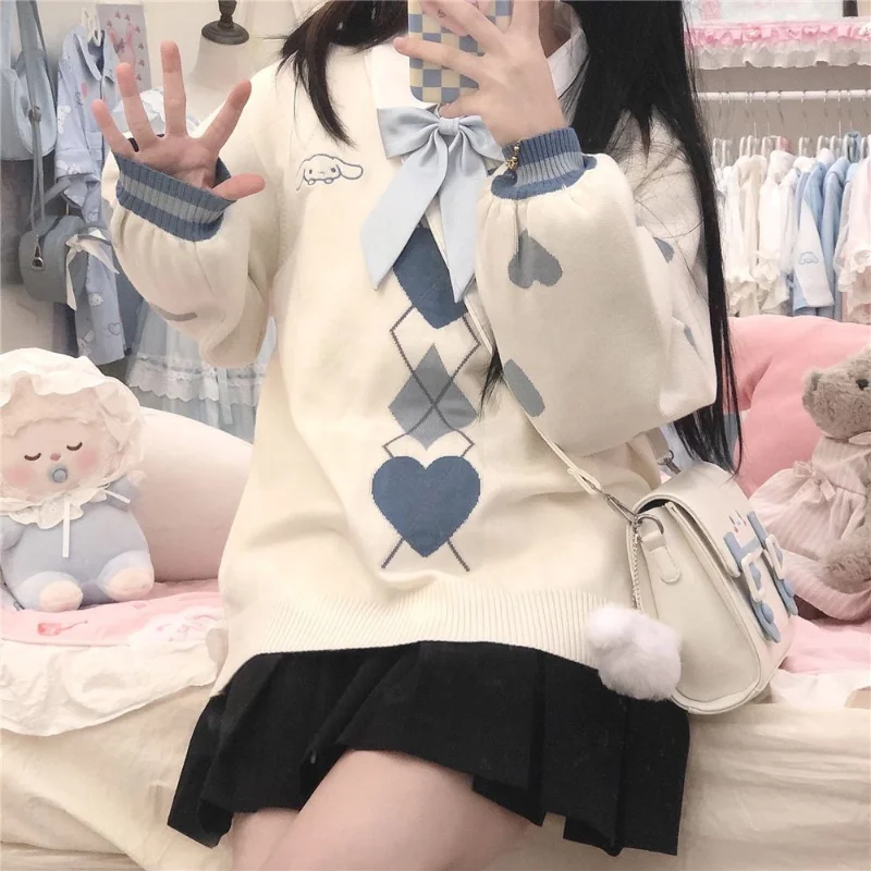 

Harajuku Sanrio Cinnamoroll Embroidery Jk Uniform Pullover V-neck Knitted Sweater Japanese Preppy Style Spring Autumn Loose Coat