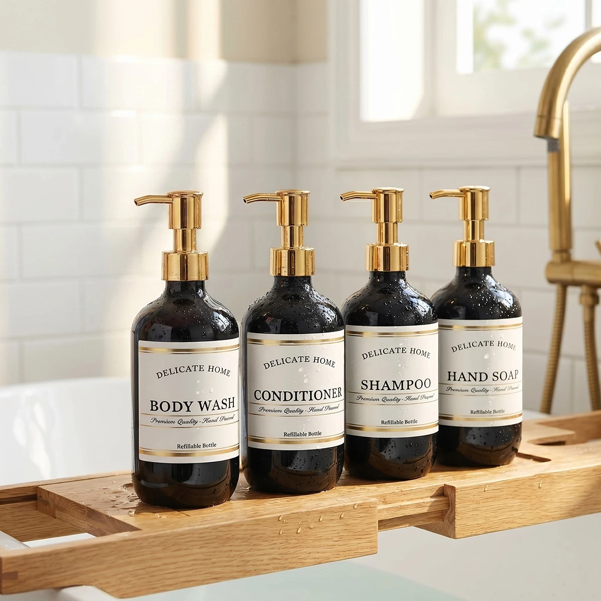 Leak-Proof Black Soap Dispenser Set of 5, Reusable Plastic Pump Bottles with Waterproof Labels Gold Pumps, Empty Soap Dispenser