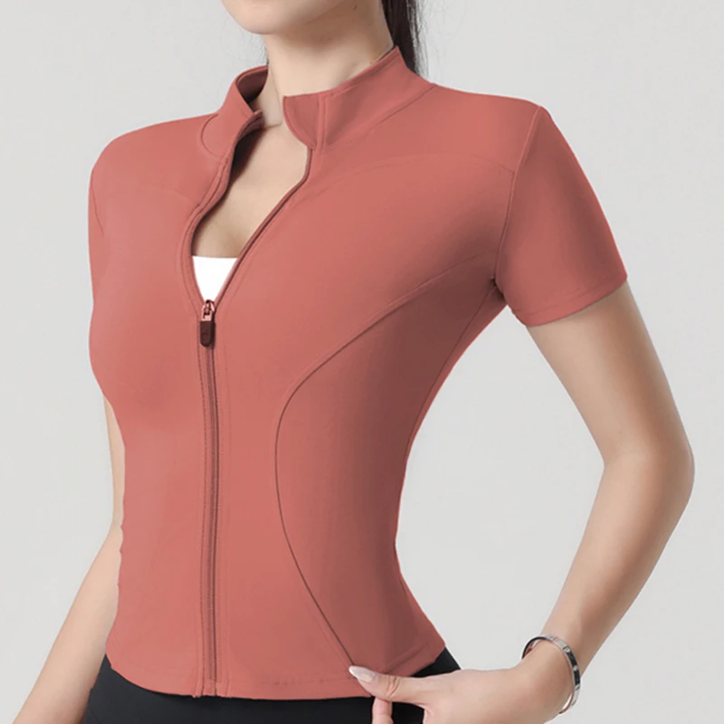 Woman yoga Jacket High Elastic Yoga Short Sleeve Coat Stand Collar Tight Sports Coat Naked Fitness Short Sleeve Female image 3