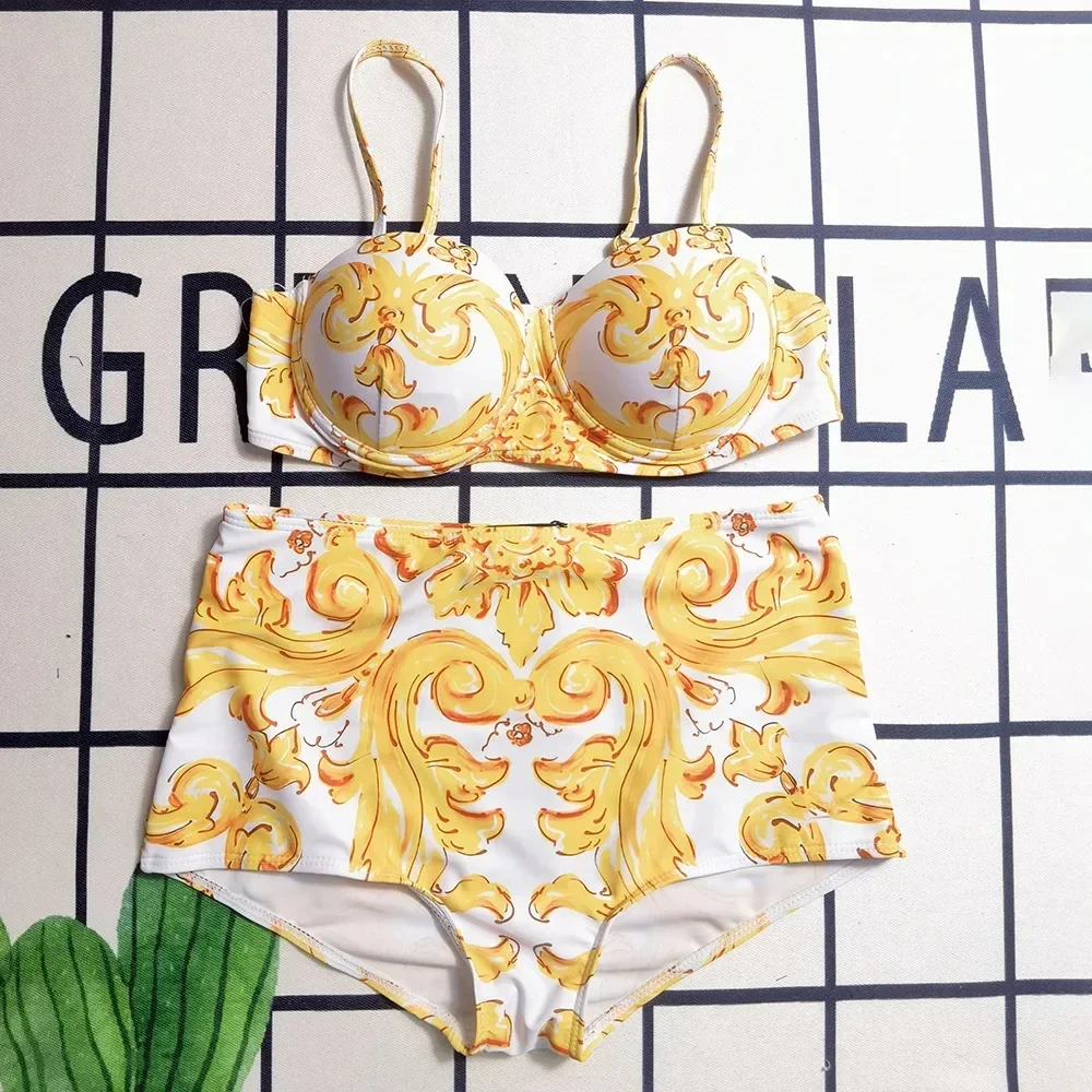 2025 New Women's Premium Yellow Pattern Printed Casual Strap Split Swimsuit