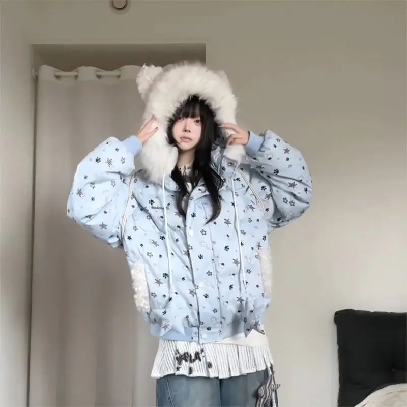 الفرنسية الشتاء مقنعين فو الفراء طوق معطف المرأة تنوعا سترة فضفاضة Kawaii الجرونج Harajuku ثقافة فرعية موضة المعاطف الدافئة #3