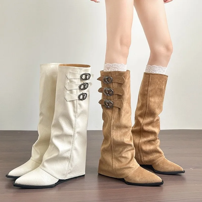 

High Quality Women's High Boots Real Soft Leather Pointed Trouser Boots Design Sense Belt Buckle Womens Knight Boots Botas Mujer