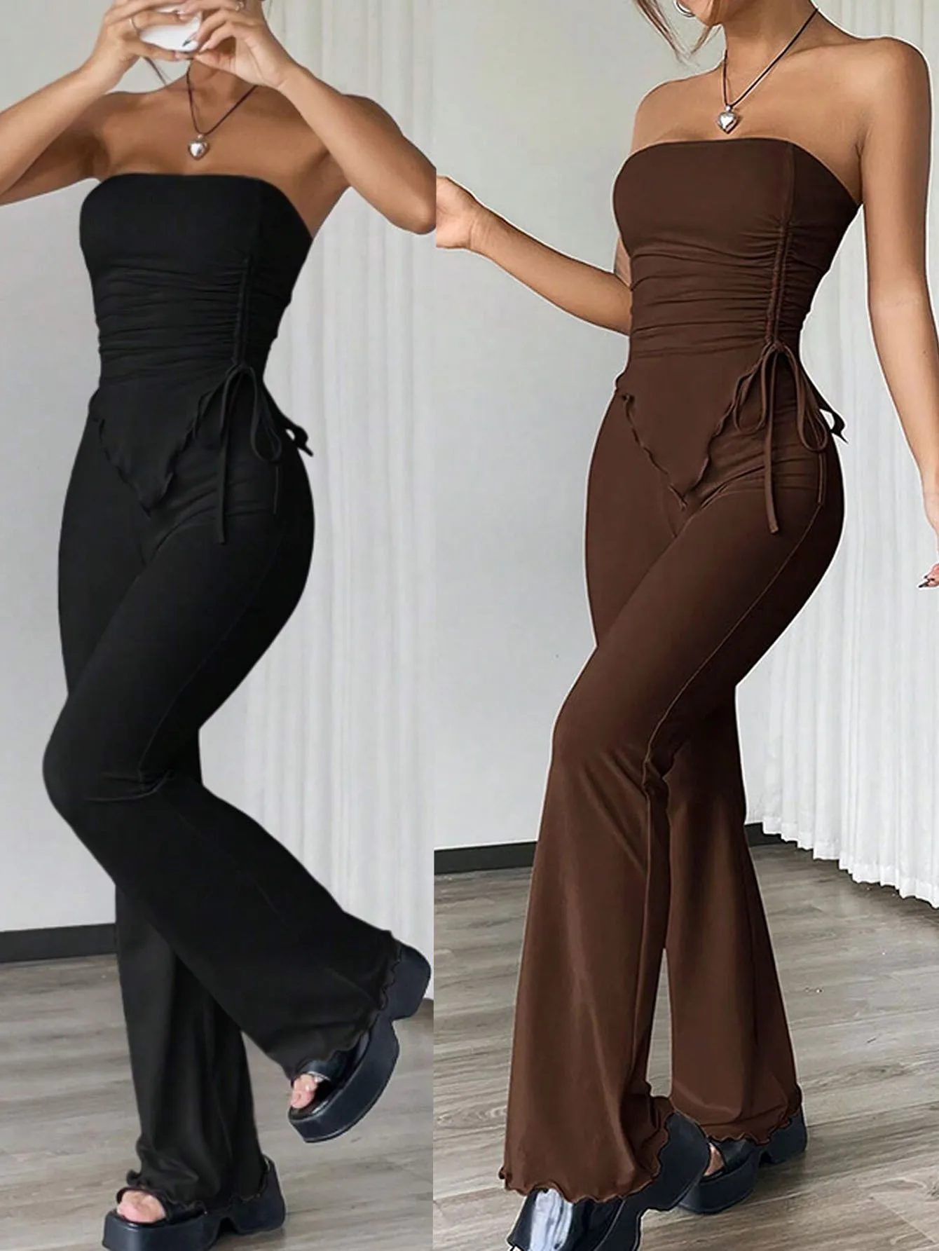 

Summer Spring Women's Clothing Sexy Outfits Top Set Streetwear Sleeveless Crop Top And Full Length Pants Two Polyester