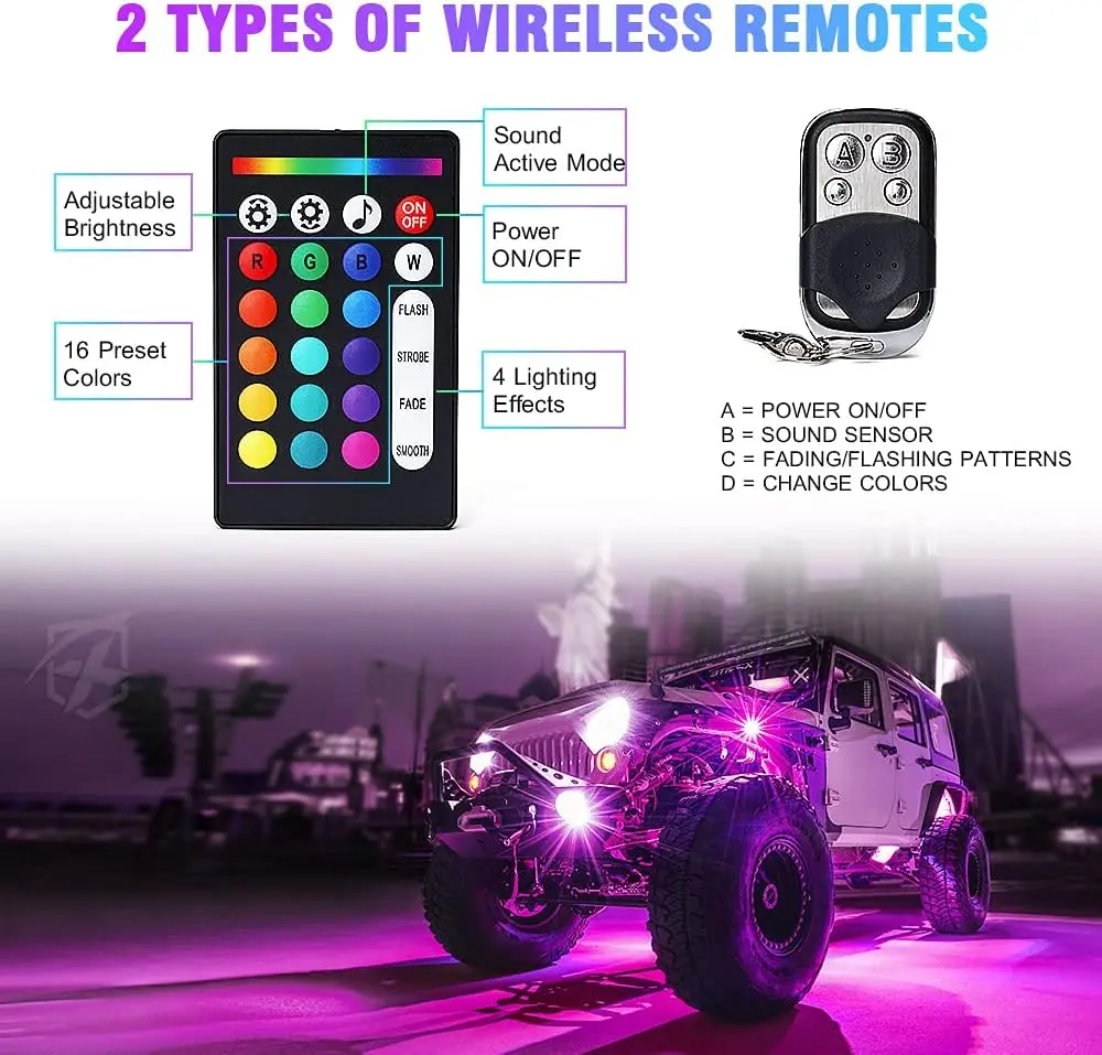 Kit de Luzes LED RGB para Rocha com 10 Pods, Bluetooth e Controle Remoto Sem Fio para Veículos Off-Road