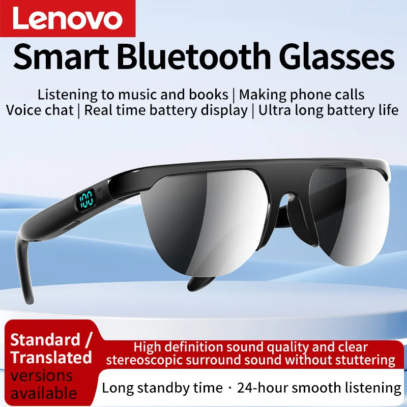 

Умные Bluetooth-очки-наушники Lenovo с функцией перевода, открытой конструкцией, HD-стереозвуком, индикатором заряда батареи для звонков и прослушивания музыки
