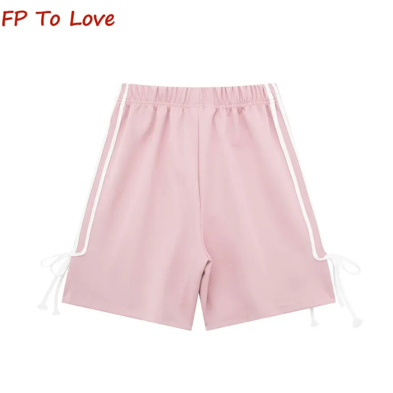 Y2K 2024 Summer Elastic Waist Bow Tie Casual Sports Shorts Women Side Spelling Stripe Wide Leg Pants