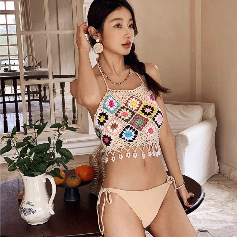 2024 Beach Summer Trendy Women's Bikini Tie Abstract Flower Beaded Design Two Piece Female Swimsuit Knit Neck Cover Up Beachwear