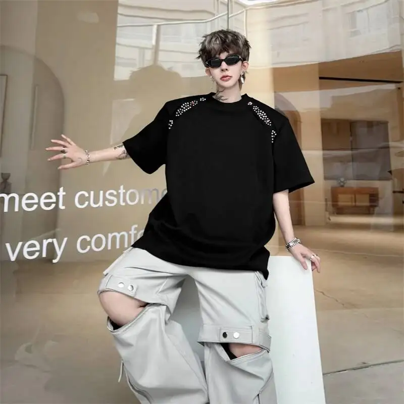 Men's Oversized Premium T Shirt Niche Casual Rivet Shoulder Detail High End Minimalist Streetwear White Pullover Top X34K