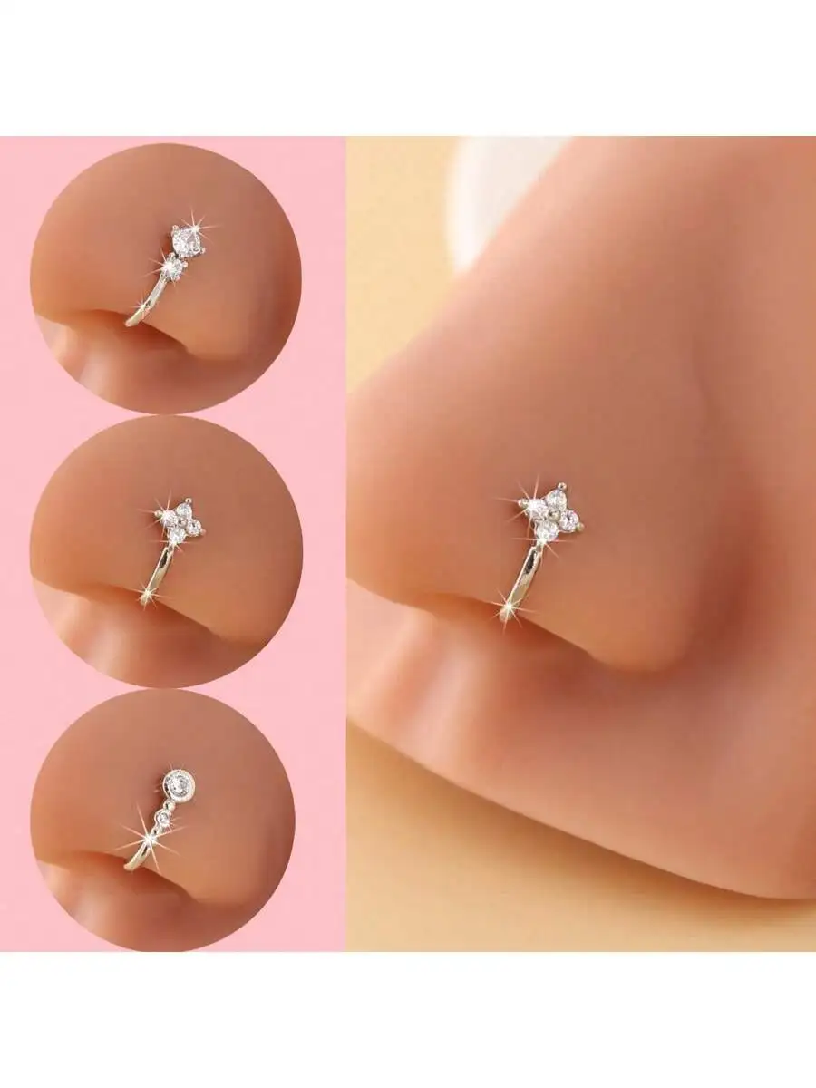 3pcs Gold-Tone Clip-On Nose Rings With Sparkling Rhinestones, Adjustable Non-Piercing Fashion Jewelry For Hip-Hop Style