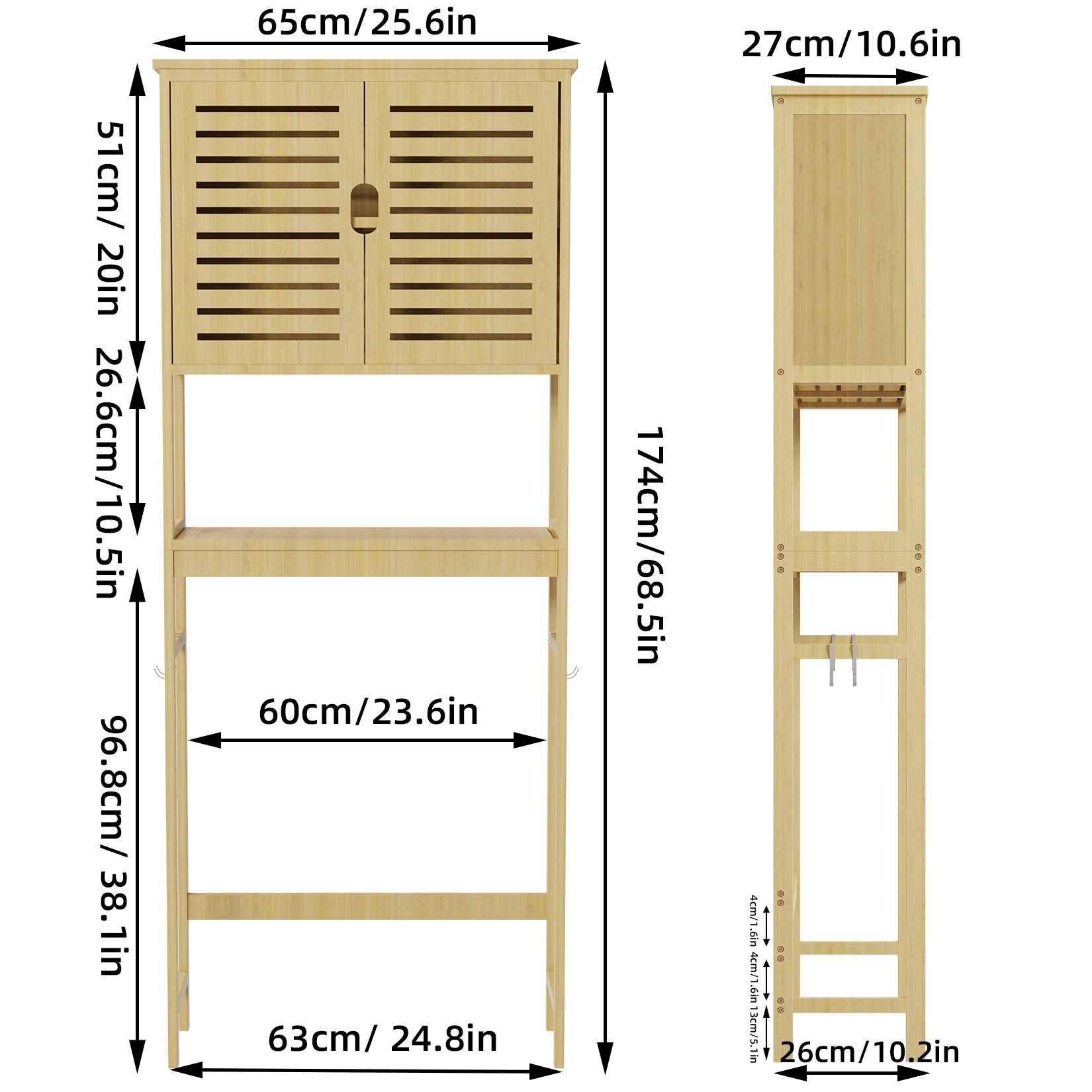 Over The Toilet Storage Cabinet, Tall Bathroom Cabinet Organizer with Cupboard and Adjustable Shelves, Freestanding Toilet Shelf