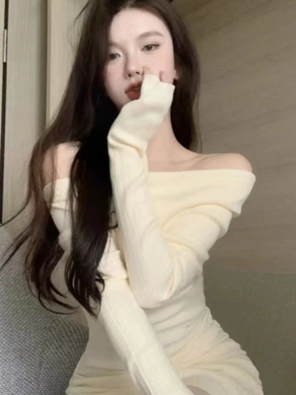 Spring Autumn Knitted One Shoulder Dress Women's Pure Desire Sweet Spicy Sexy Bodycon Base Layer Sweater Dress Commute Style