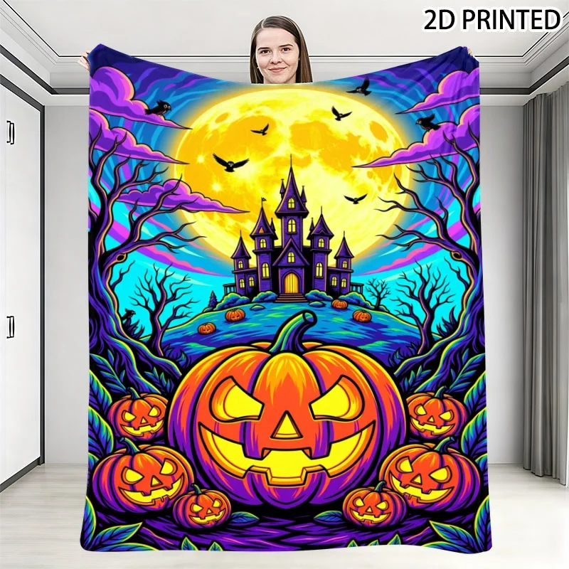 Vibrant Neon Halloween Themed Small Throw Blanket, Spooky Jack-O'-Lantern And Purple Castle Full Moon Print, Multiple Specificat