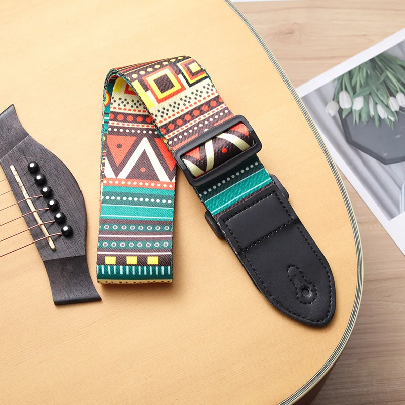 1pc Ukulele Extra Wide Acoustic Guitar Strap Leather Belt Adjustable Shoulder Strap Artistic Print for Wood Guitar Electric Bass