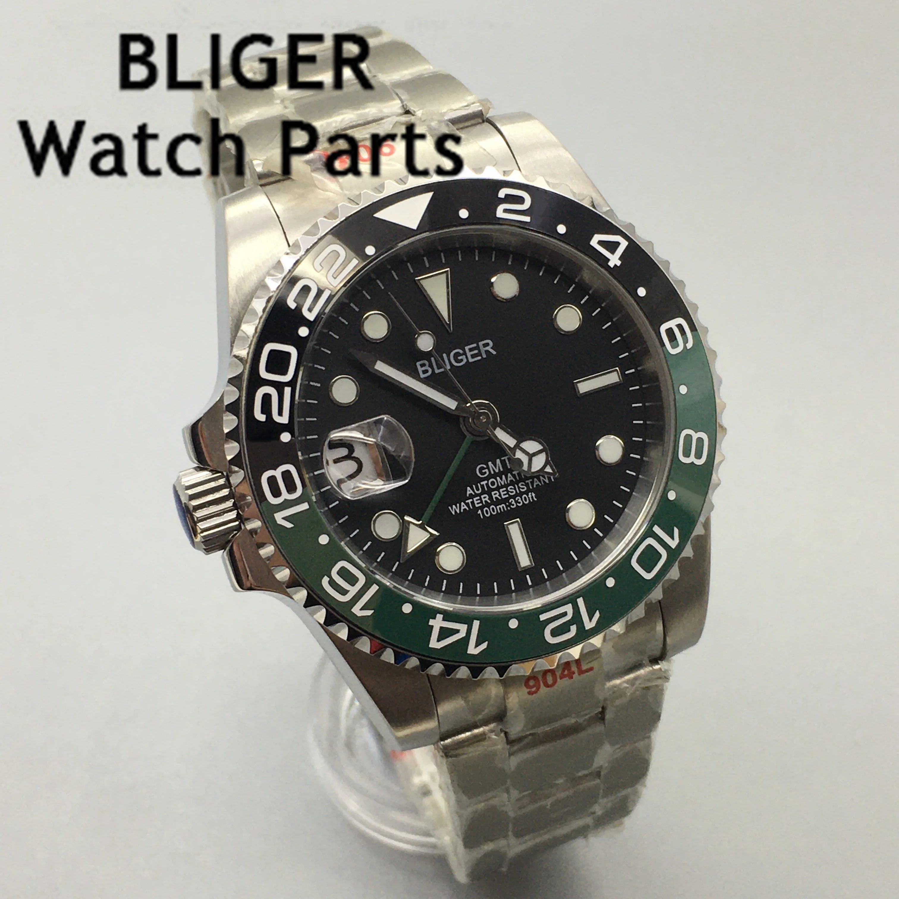 BLIGER Left Handed NH34A ATM Waterproof 40mm Black Dial GMT Function Automatic Watch Men Ceramics Bezel