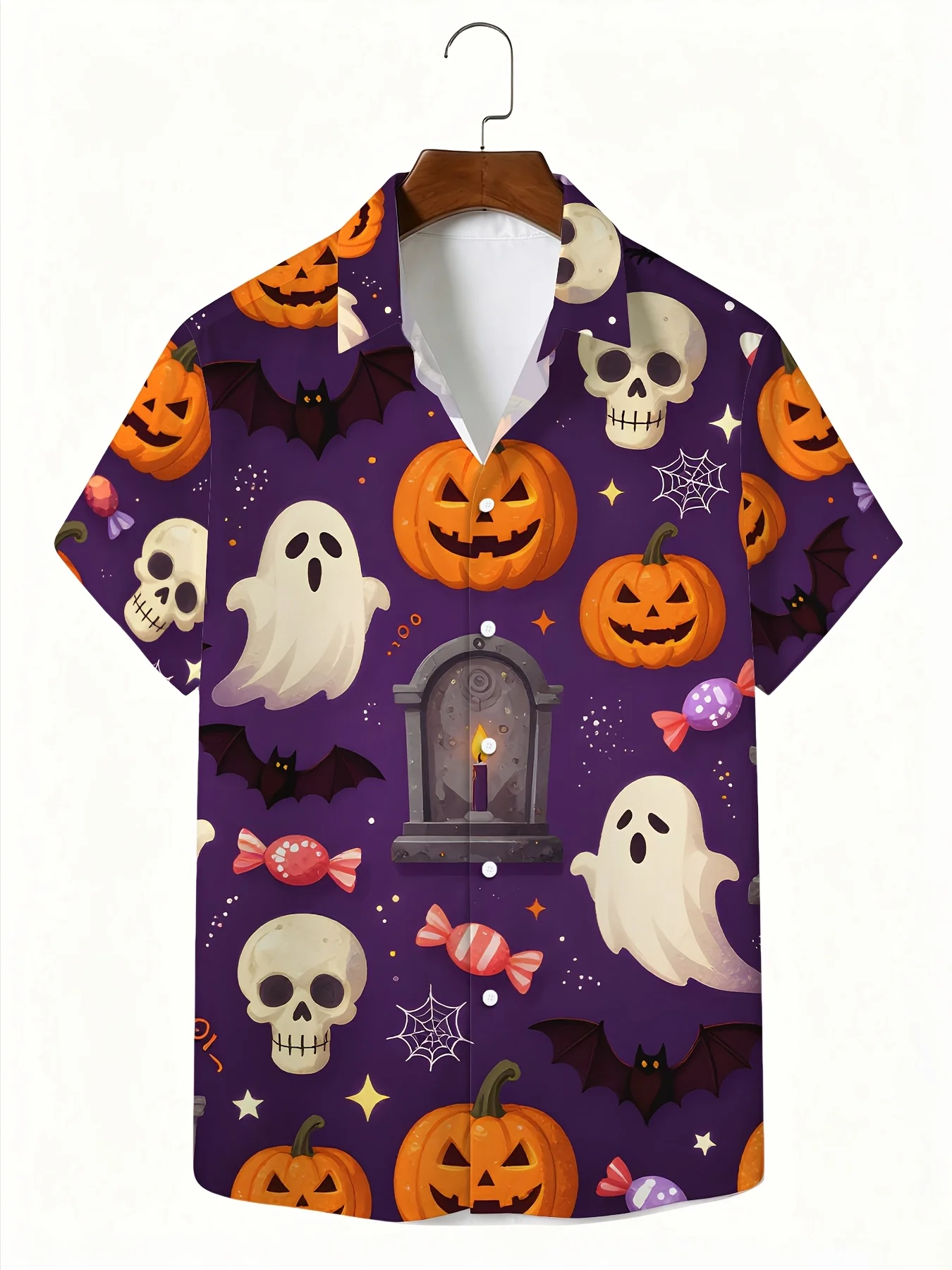 Men Halloween Ghost Pumpkin Short Sleeve Shirt Skull Bat Candy Tombstone Print Turn‑Down Collar Party Shirts