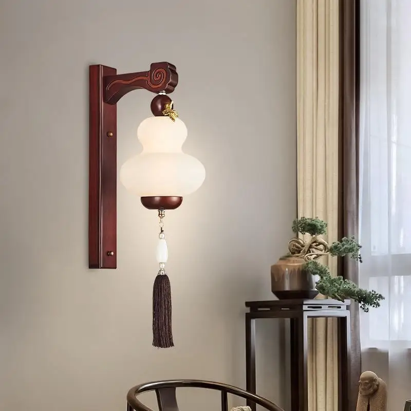 New Chinese style living room wall lamp solid wood gourd lamp