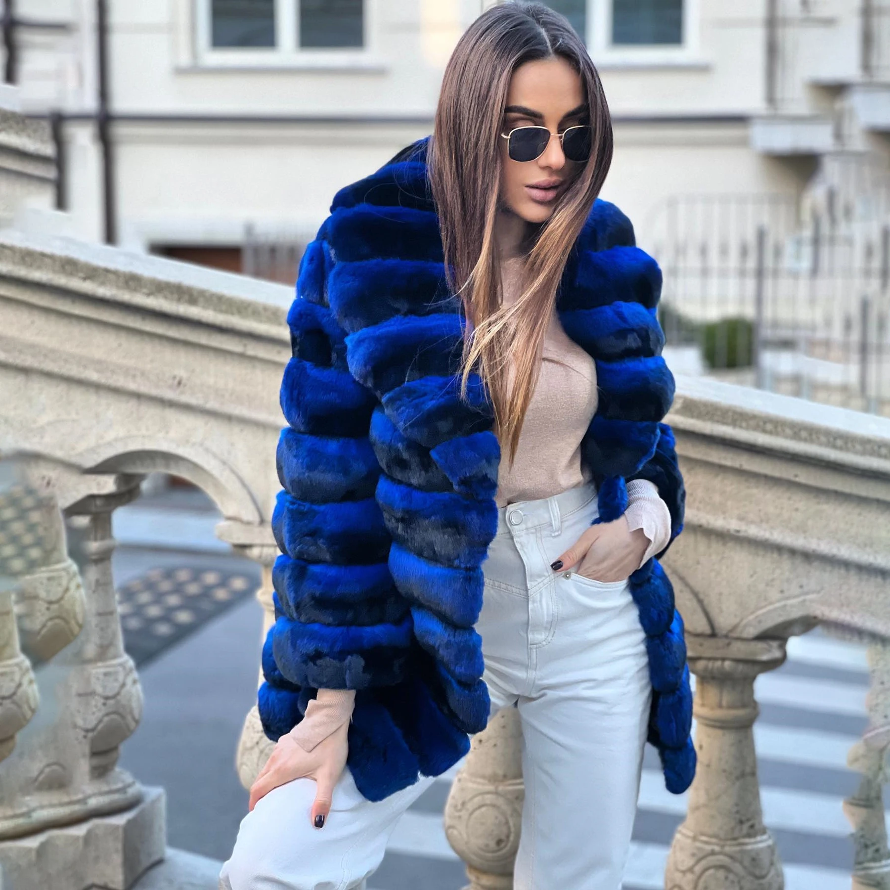 Fashion Blue Rex Rabbit Fur Coat Natural Women Thick Warm Fur Overcoat with Lapel Collar Luxury Woman Real Rex Rabbit Fur Coats