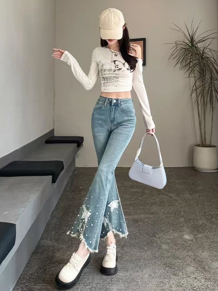 Women's Denim Jeans Spring Summer 2026 Distressed Slim Flare Pants Beaded Embroidery Stretch Cropped Bootcut Trousers
