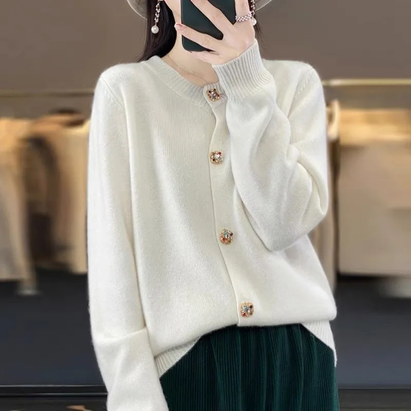 Vintage Multicolor Buttons Knitting Cardigan Coat Women Autumn Winter Simplicity Office Lady Sweater All-match Knitwear Tops