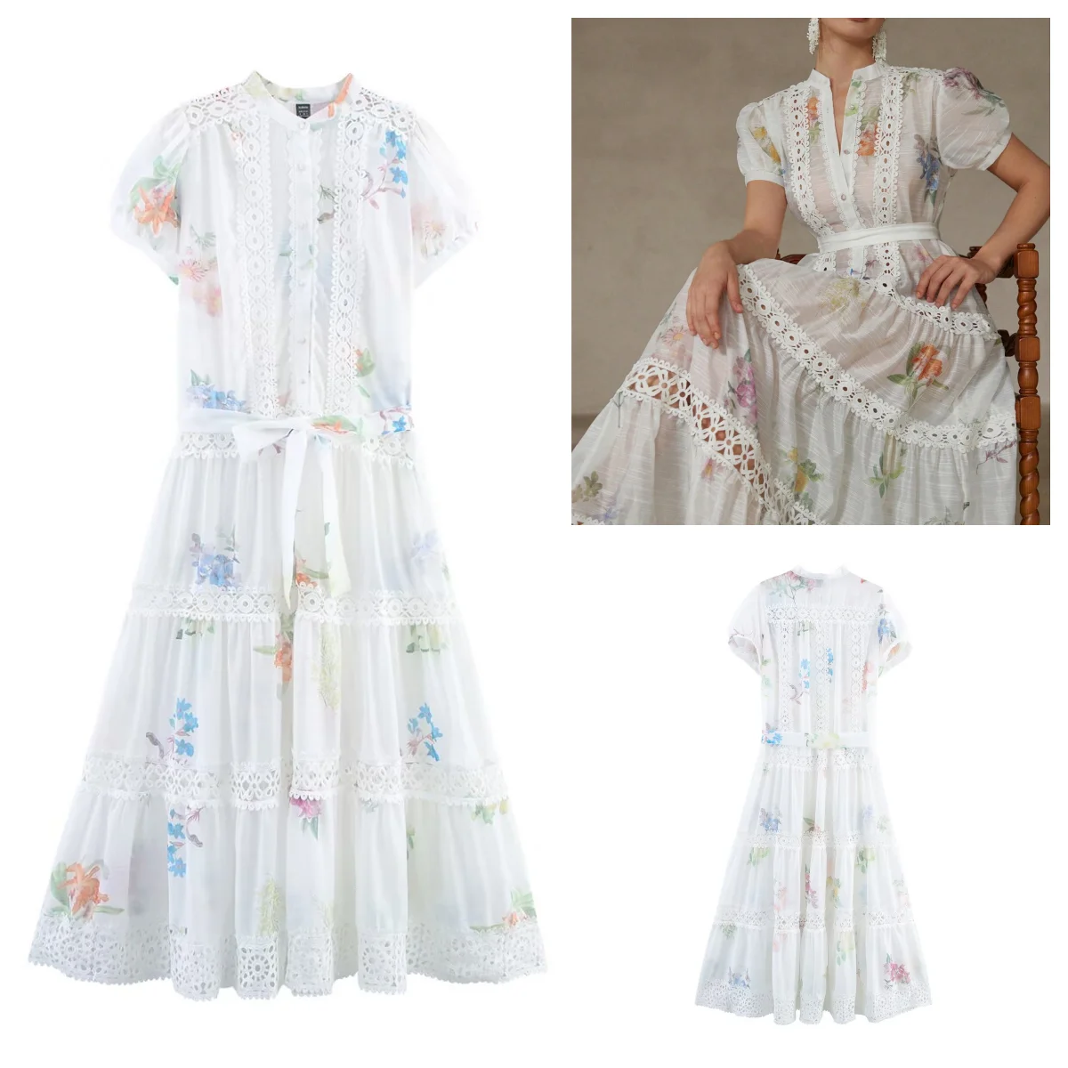 

European and American style new elegant dress floral print hollow design large swing skirt