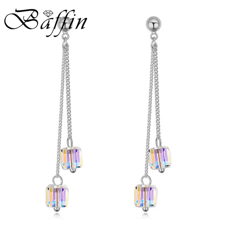 Cube Crystals Beads Drop Earrings Made with Austrian ELEMENTS For Women Silver Color Long Chain Hanging Piercing Jewelry