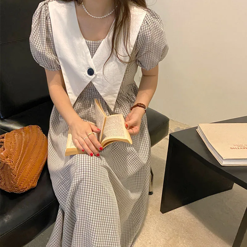 レトロチェック柄バブルスリーブ半袖マキシドレス女性のウエスト締め痩身夏 2023 新スタイル韓国 V ネックドレス