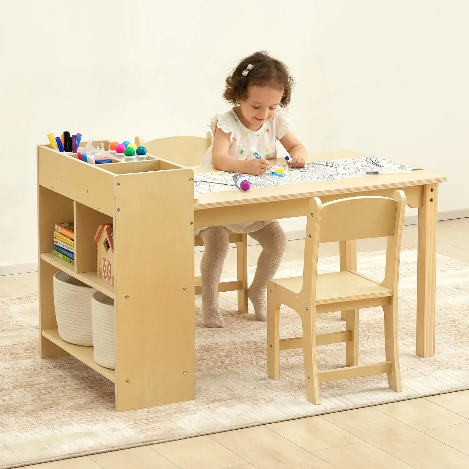Kids Art Table & 2 Chairs Activity Table Storage Wooden Craft Table Playrooms Daycare Desk Paper Roll Drawing Classroom