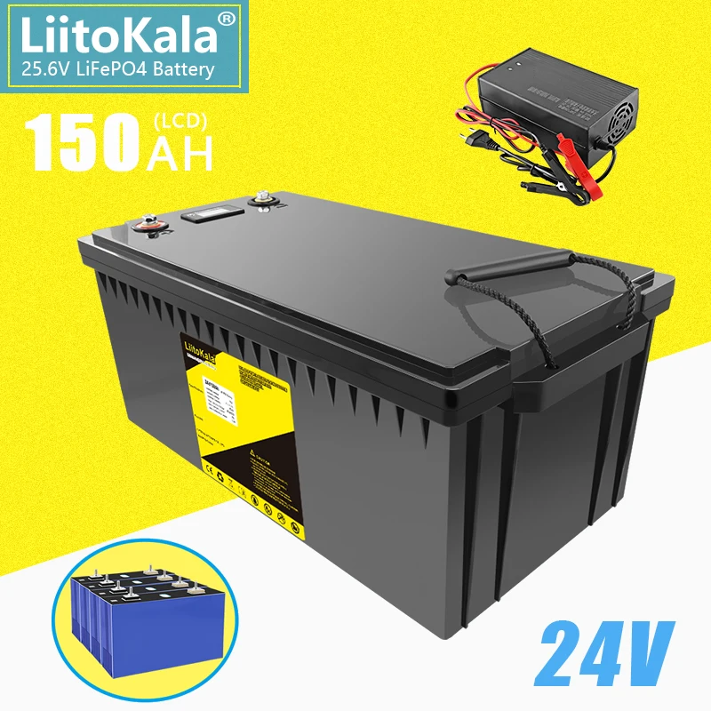 

LiitoKala 24V 150Ah Lifepo4 battery pack with 100A BMS for inverter solar panel scooter backup power boat light 29.2V 10A