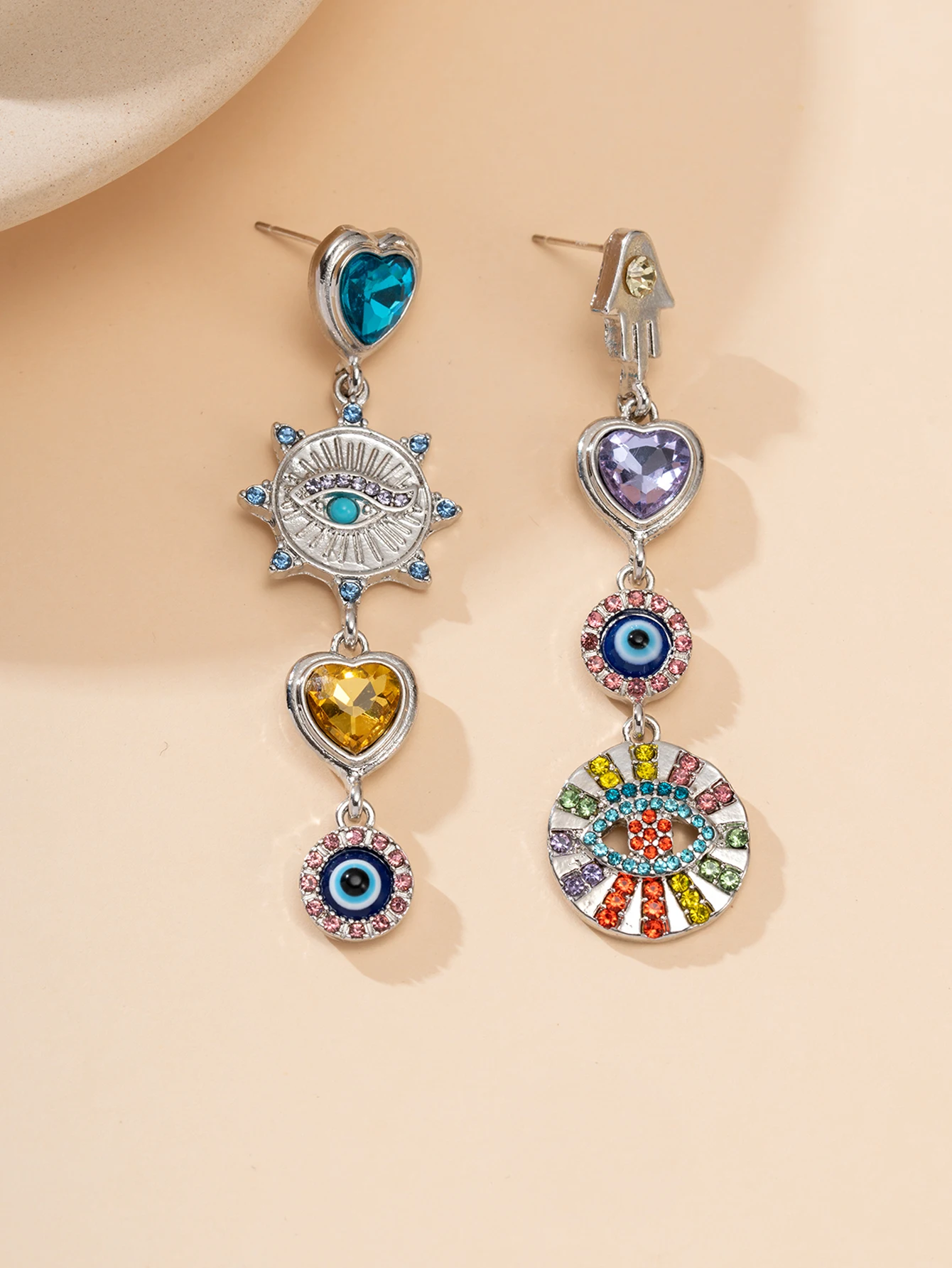 Asymmetrical colorful diamond heart and sun pattern long earrings, Bohemian color-blocking dangling earrings