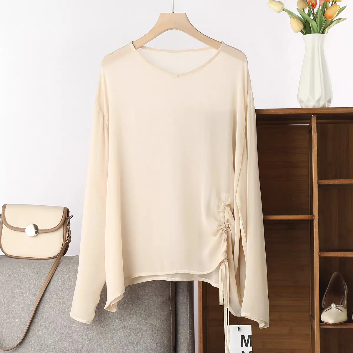 plus Size Women's Long-Sleeved T-Shirt White Drawstring round Neck Lightweight Chiffon Summer Casual Sun Protection Top