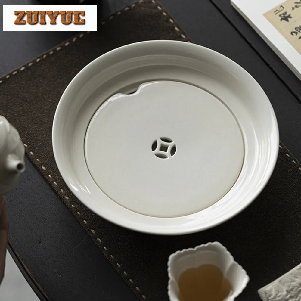 Retro Grass Wood Gray Glazed Tea Tray Large Household Water Storage Pot Bearing Holder Double-layer Dry Brewing Table Tea Items