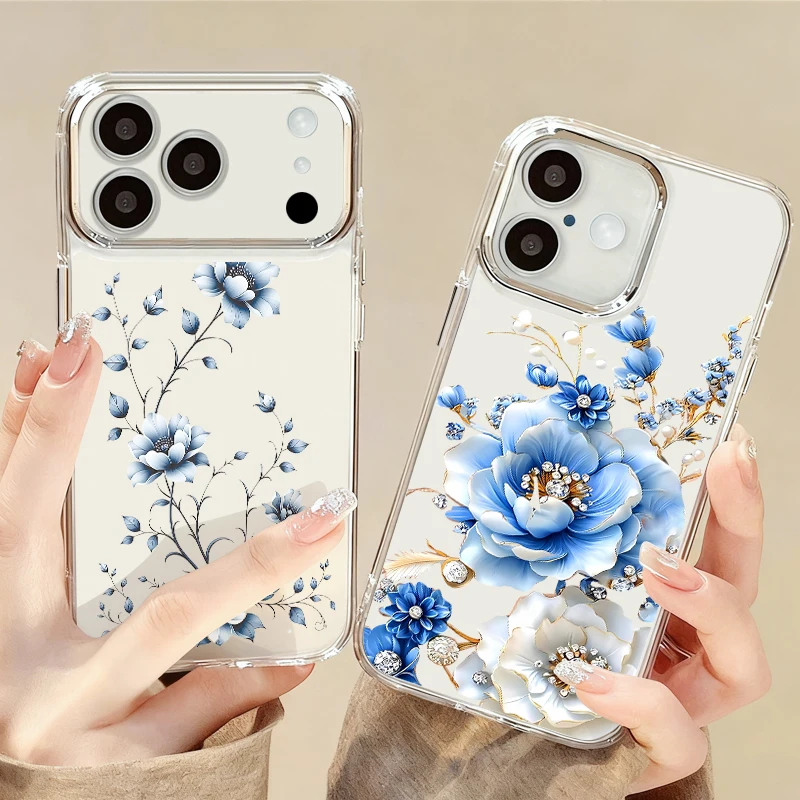 

Little Floral Case For iPhone 17 Pro Max Plating Lens Frame Clear Soft Cover Funda For iPhone 16 15 14 13 Pro Max 11 17e 16e