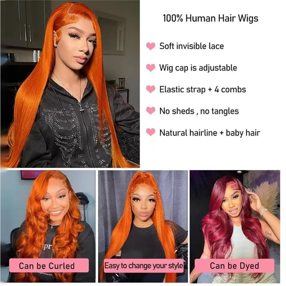 30 بوصة 13x6 250% كثافة مستقيمة 350 #   الزنجبيل البرتقالي الدانتيل الجبهة الباروكات شعر الإنسان HD الدانتيل الشفاف قبل قطعها مع شعر الطفل