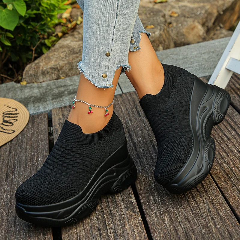 Knitted White Platform Sneakers Vertical View - Breathable Mesh Dad Shoes for Spring 2026