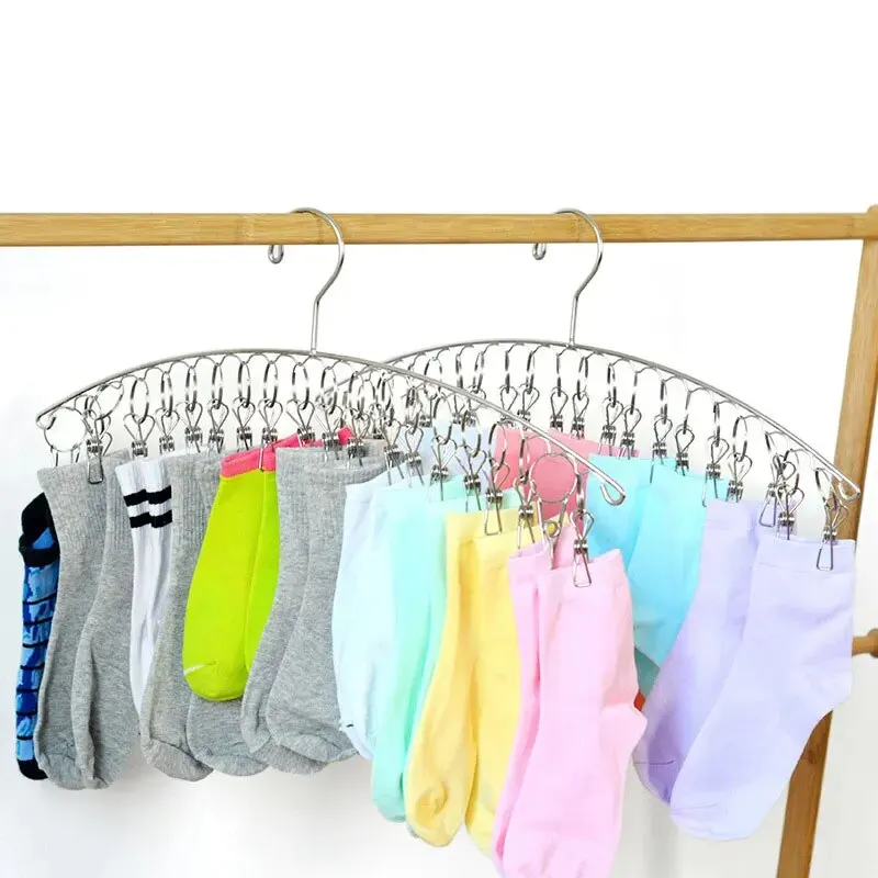 1pcs Stainless Steel Sock Rack With Windproof Curved 8-Clip Solid Clothes Rack Multifunctional Dual-Purpose Clothes Rack