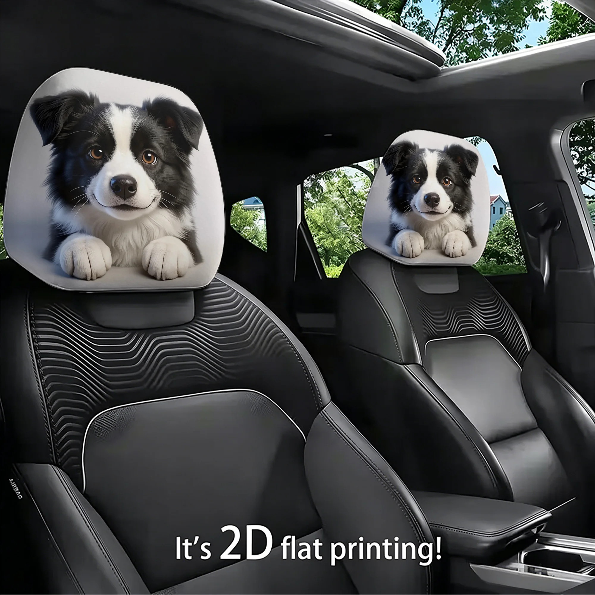 2pcs cute Border Collie-patterned car headrest covers to add a touch of playfulness to your car’s interior. Filling not included