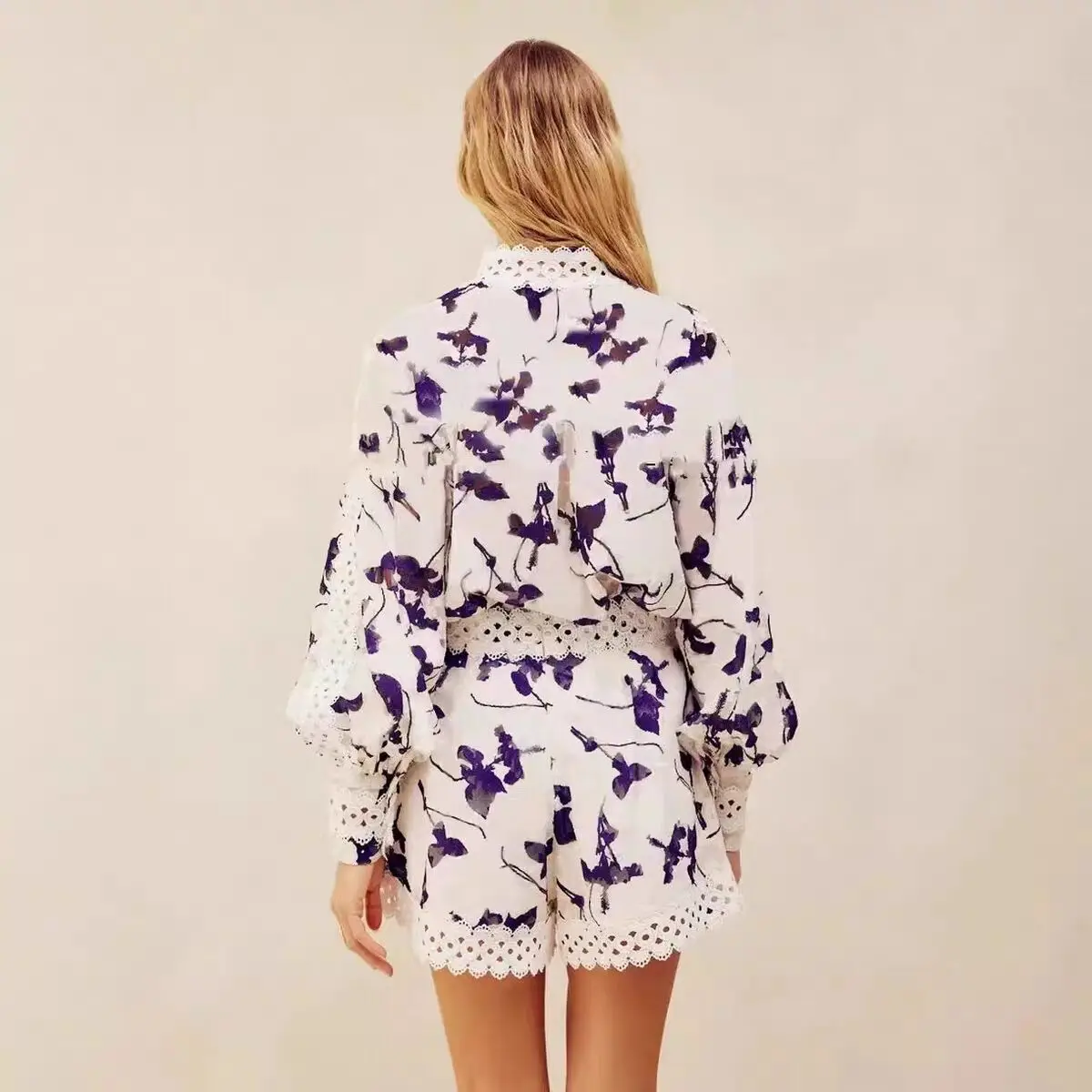 Ele Lace Splicing Print irt Pearl Single Button Stand Collar Two-Piece Set Versatile orts Faionable Women's Ensemble