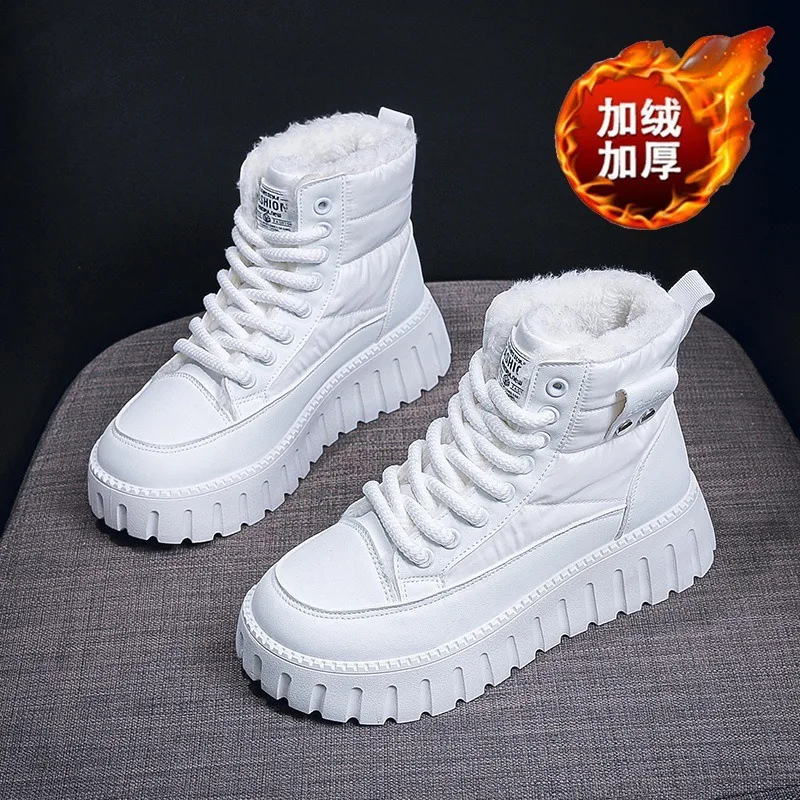 

Женские флисовые зимние ботинки на шнуровке, на платформе, высокие, до щиколотки, с нескользящей резиновой подошвой, повседневная обувь для женщин, хит продаж