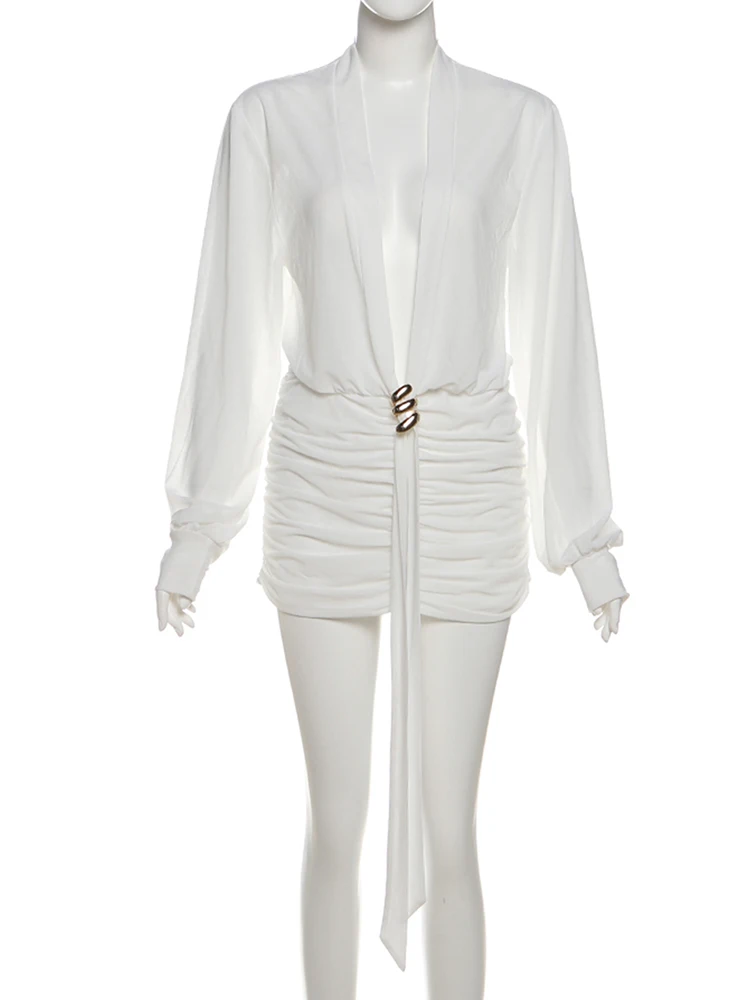 فساتين نسائية صغيرة مثيرة بشرائط من Kliou موضة معدنية لصق عميق على شكل حرف v وأكمام طويلة شفافة فساتين نسائية رومانسية للحفلات