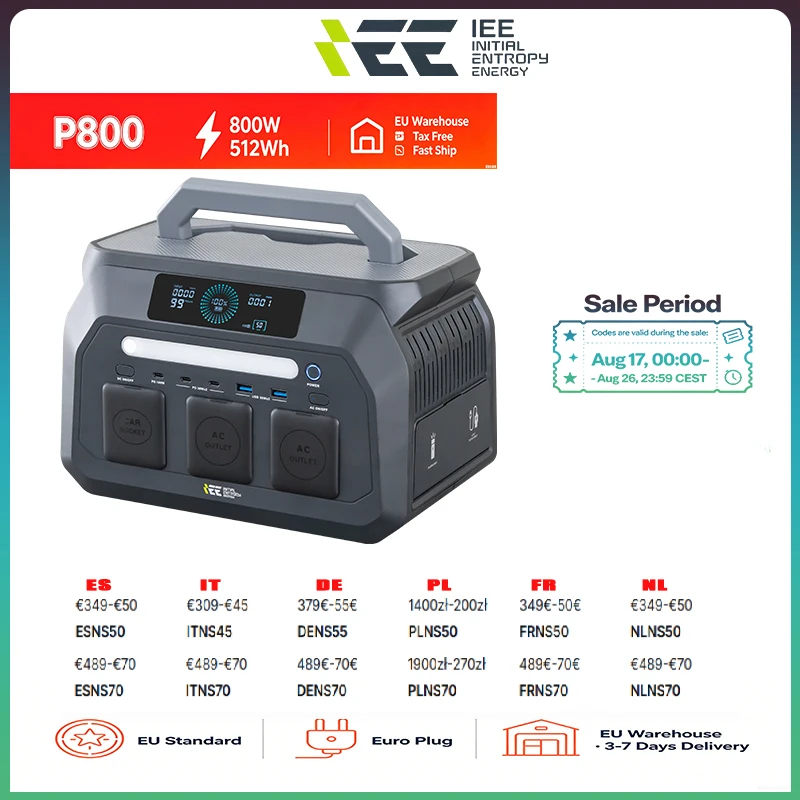 IEETek P800 Portable Power Station 800W 512Wh LiFePO4 Battery, 800W Rated(1600W Peak) Solar Generator, 10ms UPS Emergency Backup Power, 1.2H Fast Charging for Camping RV Home Power Outage