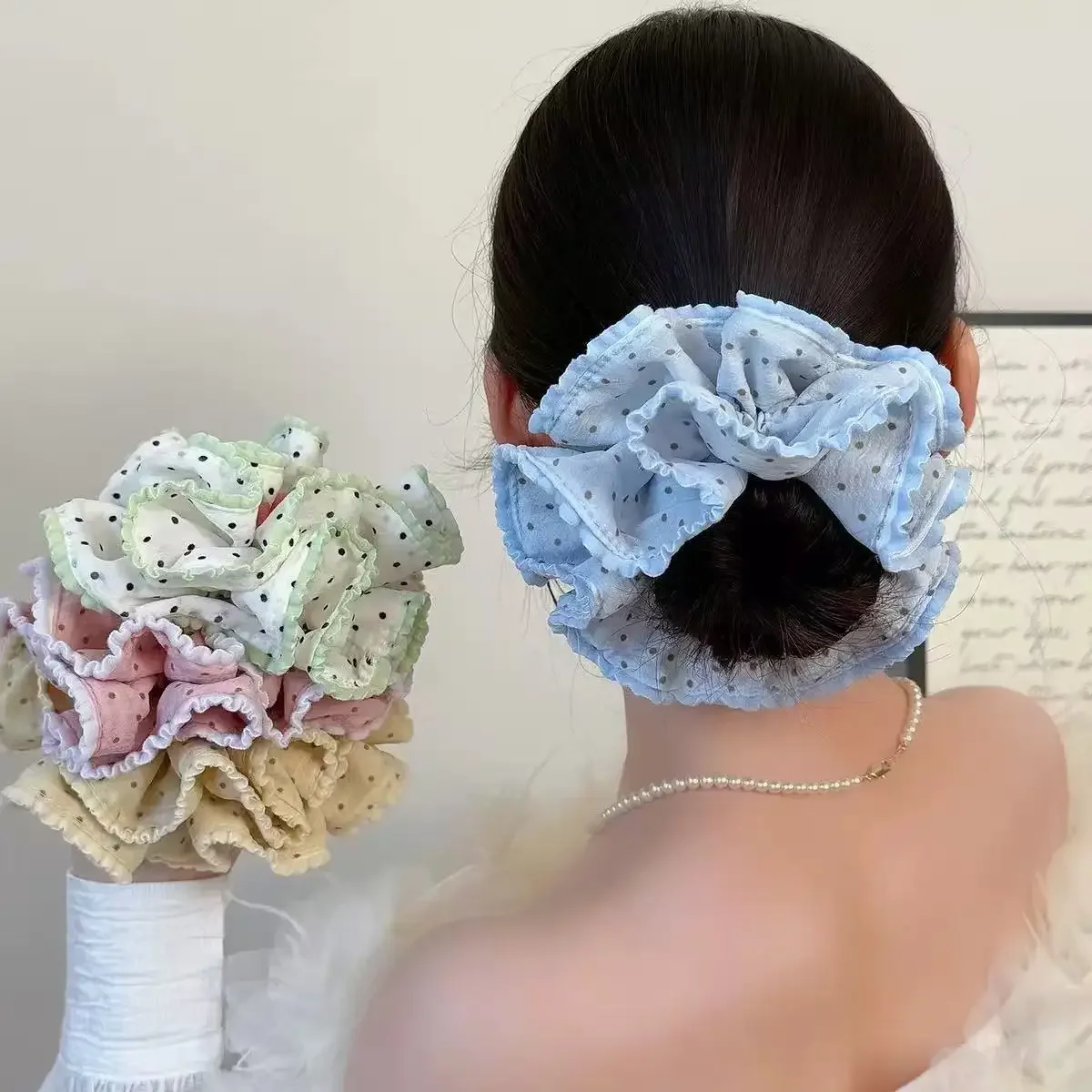 Sweet, and Adorable Light Blue Polka-dot Double-layered Hair Tie—this Cute Hair Tie Is Perfect for Tying Your Hair Hair Tie