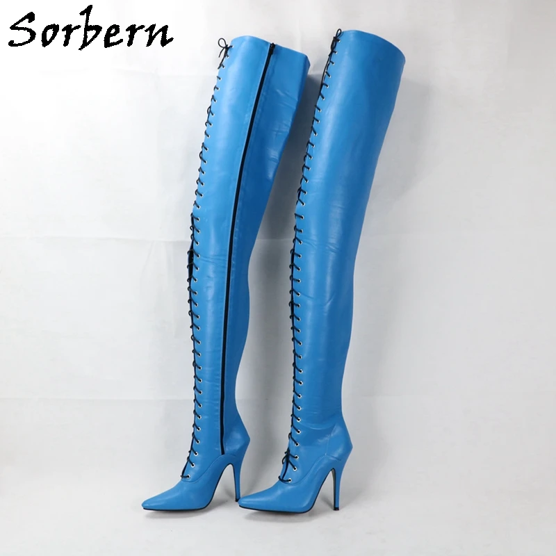 Sorbern-Botas largas personalizadas de 95Cm para mujer, Botines altos hasta el muslo, con cordones de 18Cm, Stiletto, con eje personalizado y ancho de pantorrilla