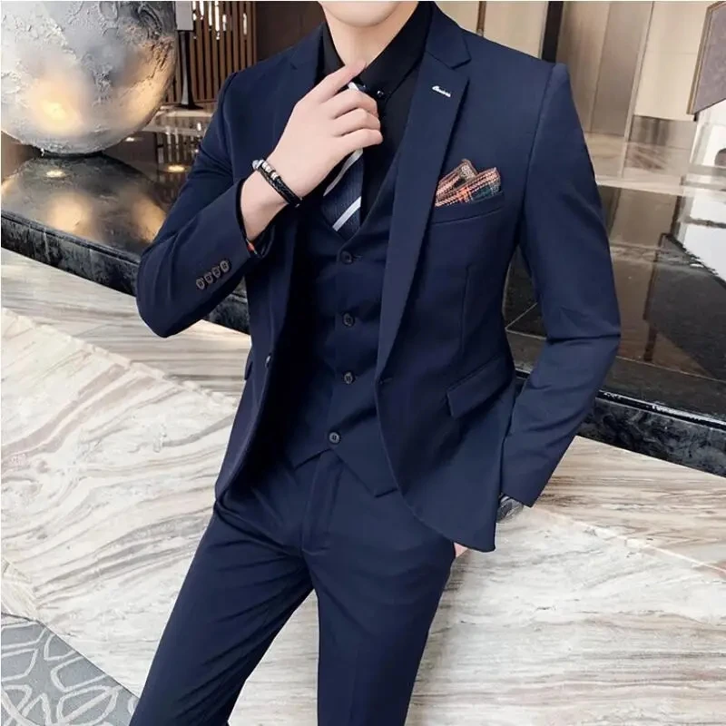 7XL Boutique Solid Color Men\'s Casual Office Business Suit Three and Two Piece Set Groom Wedding Dress Blazer Waistcoat Trousers